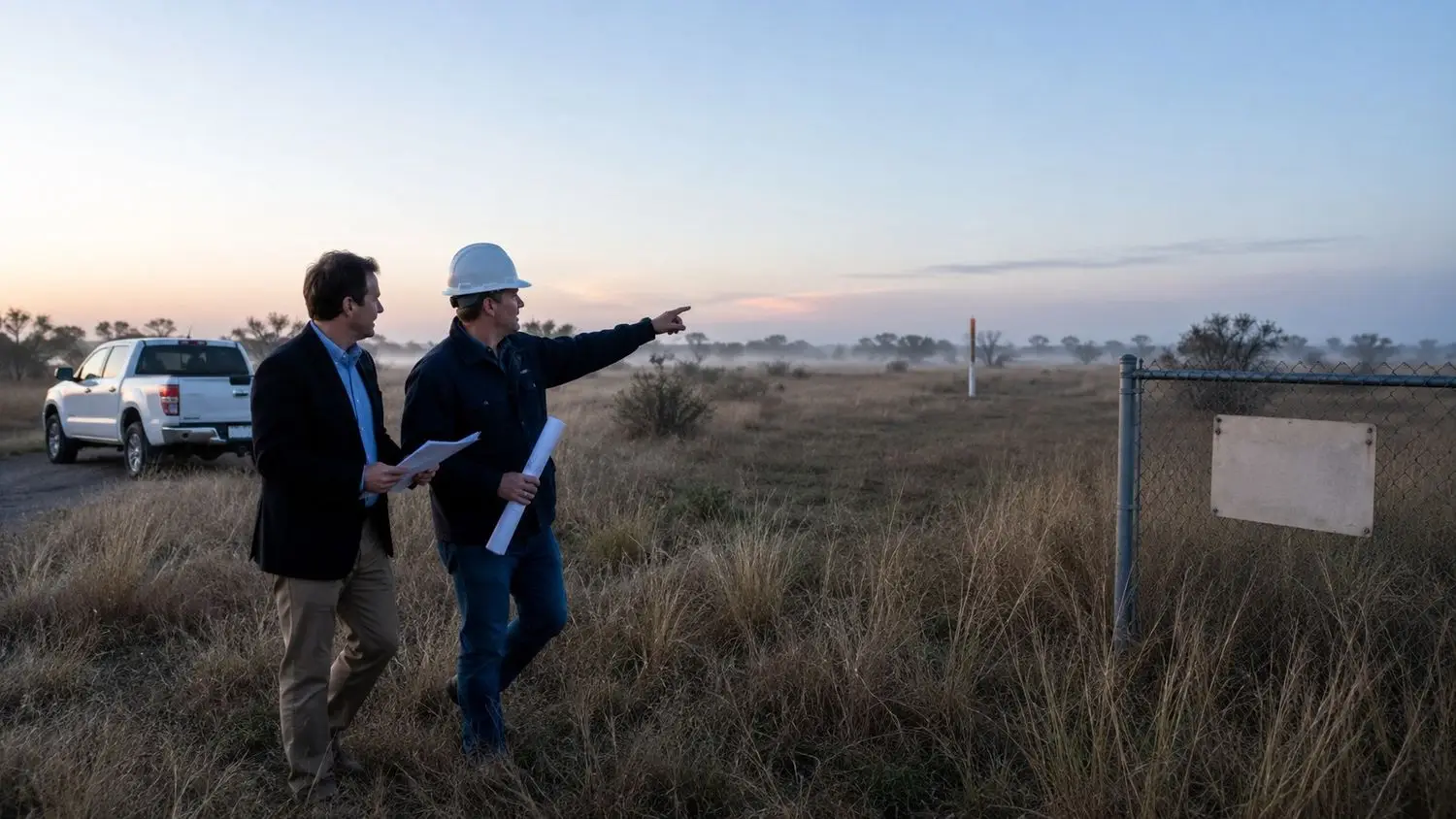 Developer and engineer walking a vacant Texas development site during due diligence with the engineer holding a site plan and pointing toward utility infrastructure while the developer reviews a printed pro forma document
