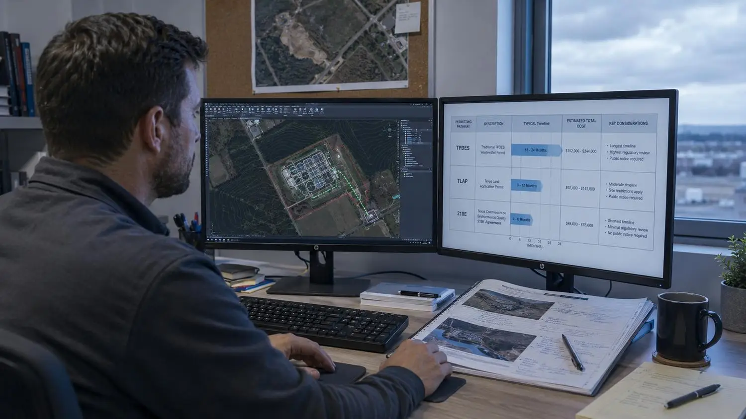 Wastewater engineer reviewing site due diligence documents at a desk with dual AutoCAD monitors showing treatment plant siting analysis and permitting pathway comparison for a Texas development project before architectural design begins