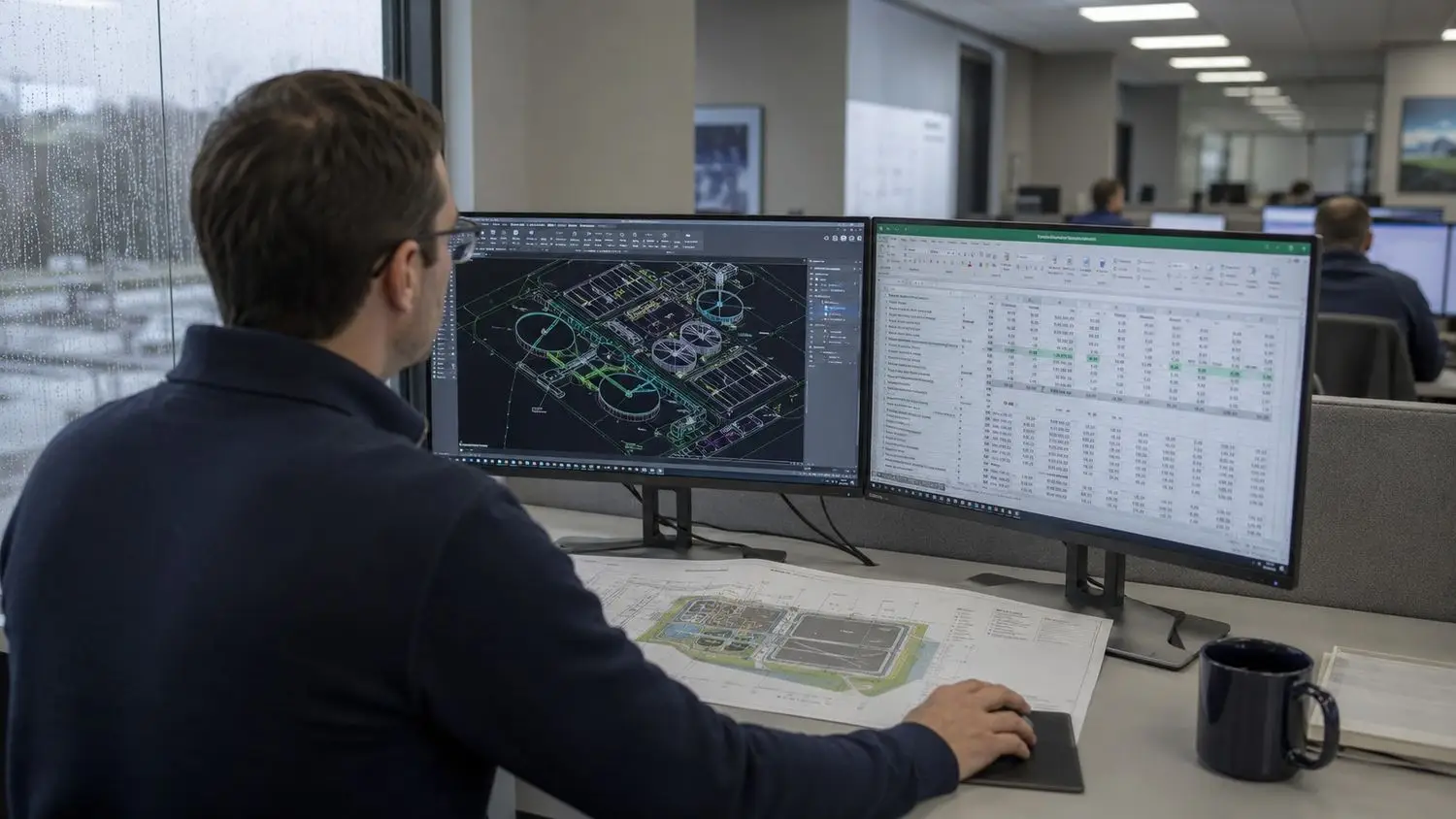Civil engineer reviewing wastewater treatment process calculations and plant sizing on dual monitors running AutoCAD with flow data spreadsheets and equipment specifications on the second screen