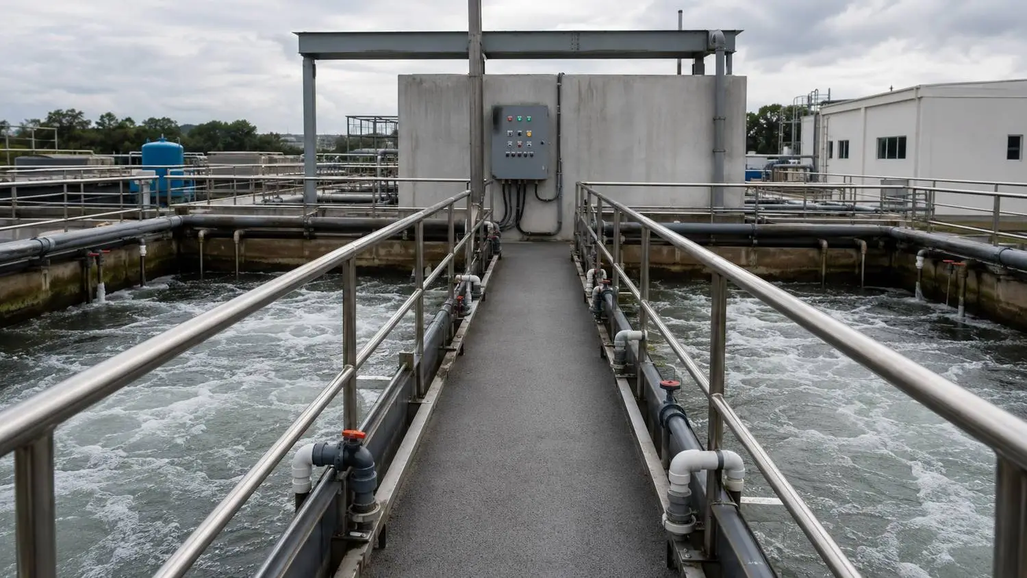 Interior view of a package wastewater treatment plant showing aeration tanks with active biological treatment, stainless steel railings, PVC piping connections, and a wall-mounted control panel with operational monitoring gauges