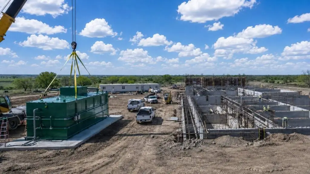 Package wastewater treatment plant being crane-lifted onto a prepared concrete pad at a Texas development site compared to a custom-designed plant with multiple process trains and engineered expansion capacity