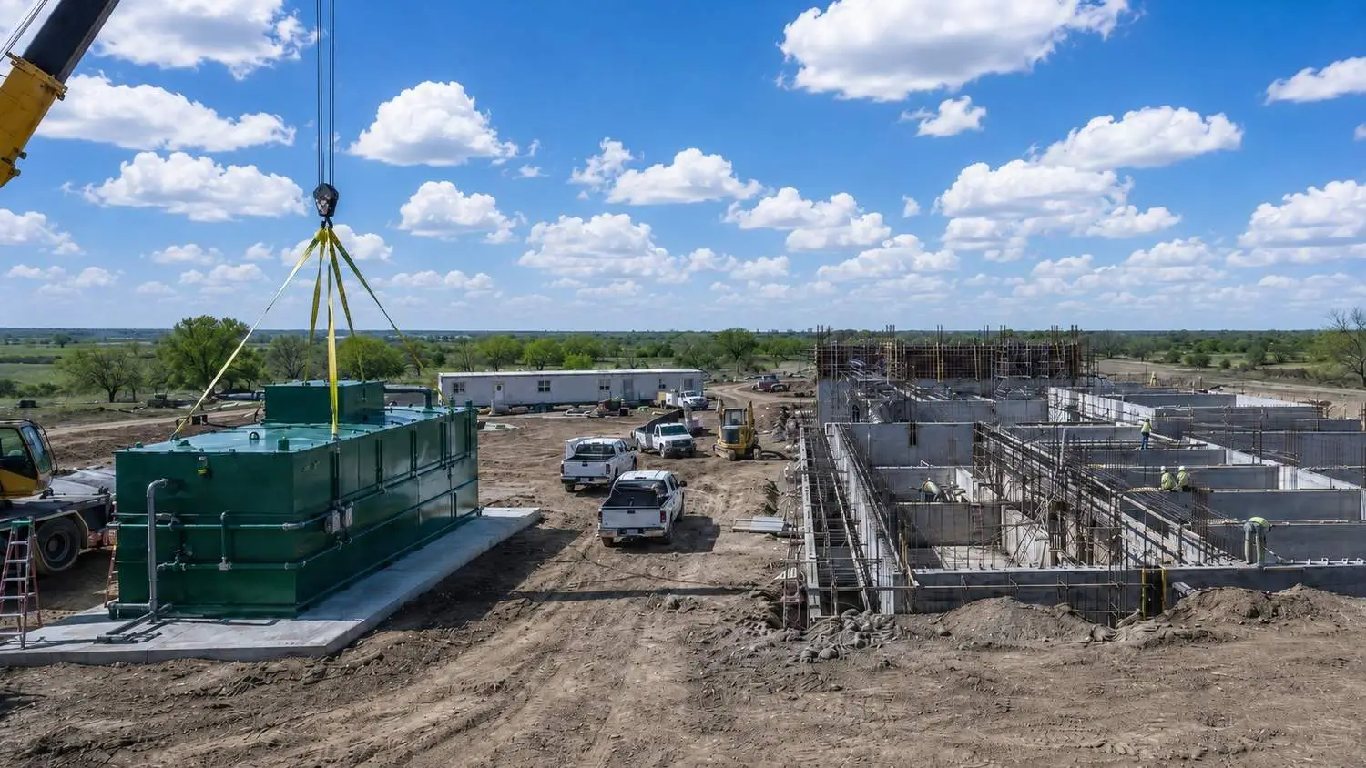 Package wastewater treatment plant being crane-lifted onto a prepared concrete pad at a Texas development site compared to a custom-designed plant with multiple process trains and engineered expansion capacity
