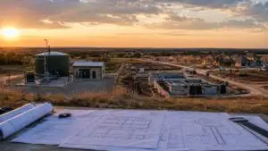 Decision flowchart comparing TCEQ permit-by-rule pathway for small facilities under 5,000 GPD versus standard permit pathway showing TPDES discharge, TLAP, and 210E authorization timelines for Texas development projects