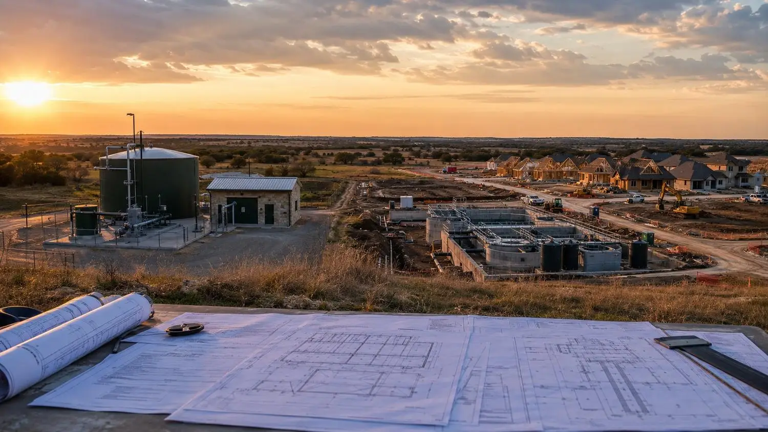 Decision flowchart comparing TCEQ permit-by-rule pathway for small facilities under 5,000 GPD versus standard permit pathway showing TPDES discharge, TLAP, and 210E authorization timelines for Texas development projects