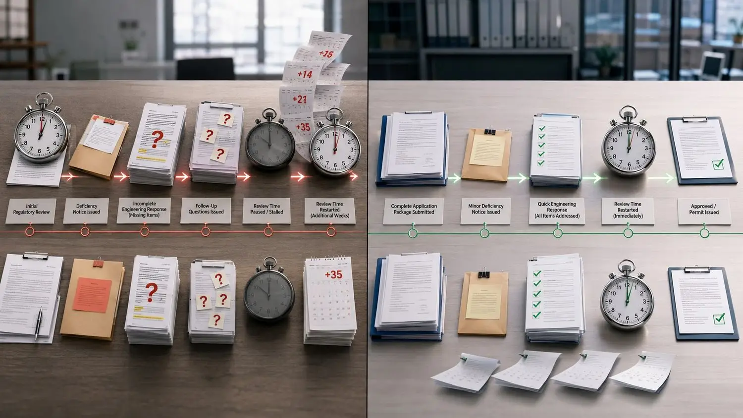 Timeline comparison showing slow permit approval path with paused review clock from incomplete deficiency responses versus fast approval path with responsive deficiency answers and immediate clock restart