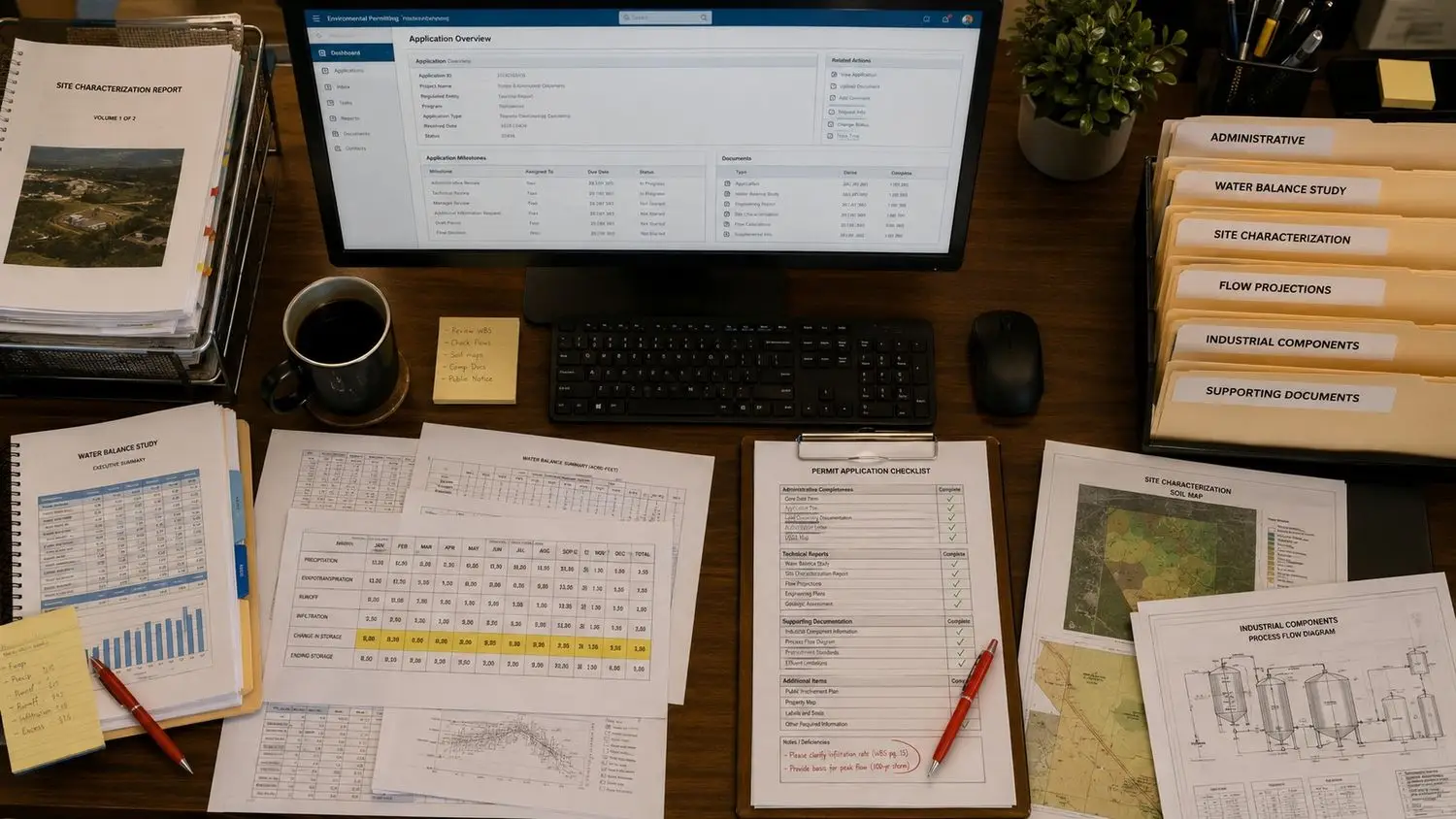 TCEQ permit reviewer checklist showing water balance study requirements, site characterization documentation, flow projections, industrial component qualification, and deficiency notice response timeline