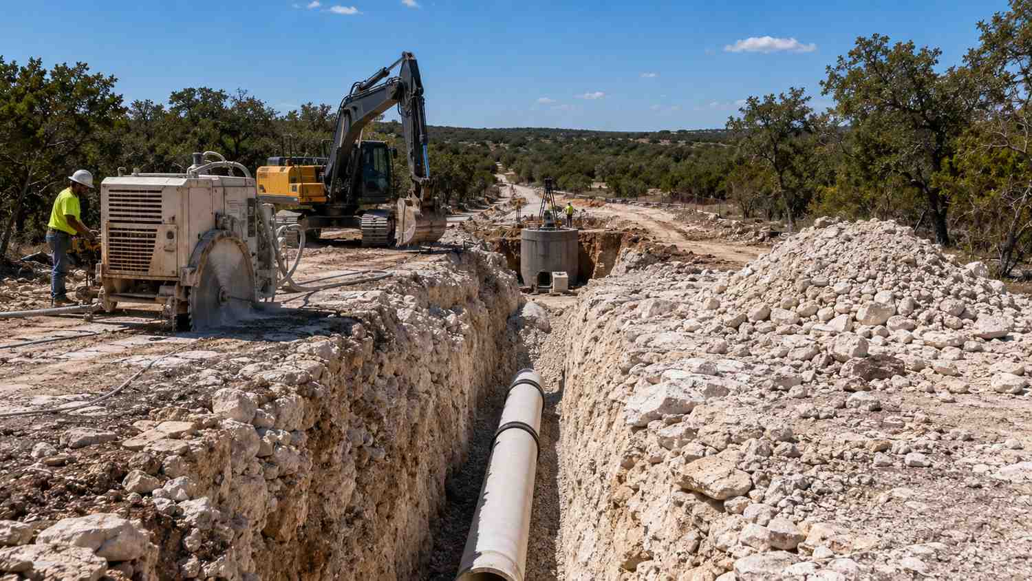 Sewer extension trench installation across Hill Country karst terrain near Austin, representing MES recharge zone collection design.