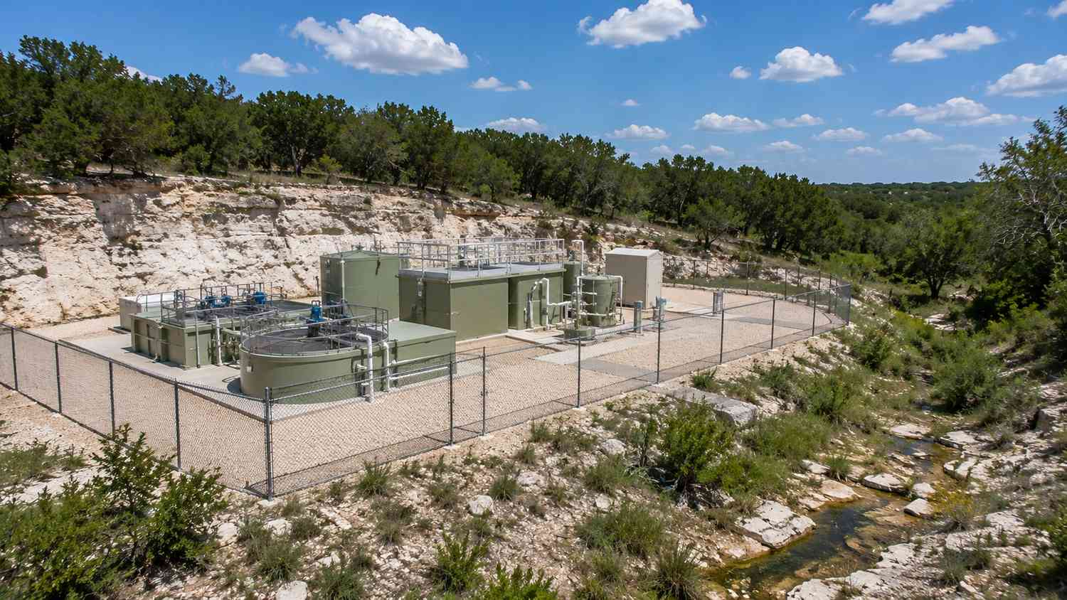 Wastewater treatment facility on karst terrain near Austin recharge zone, representing MES TPDES and TLAP design services.