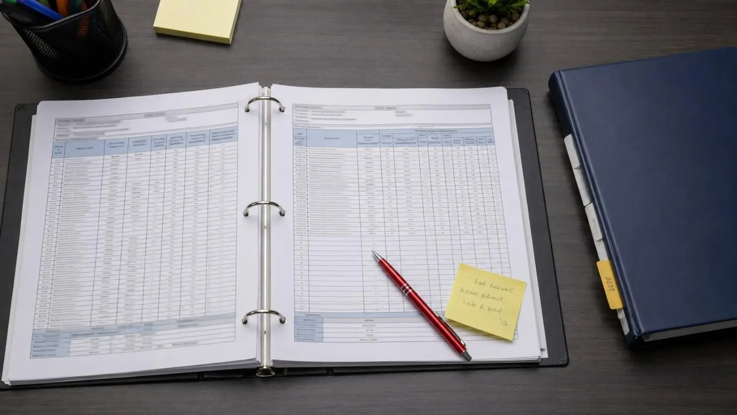 Flat-lay top-down shot of a biosolids application records binder open to a cumulative metals loading tracking sheet showing application site history arsenic cadmium copper lead mercury entries with running totals representing the documentation requirements under 30 TAC Chapter 312