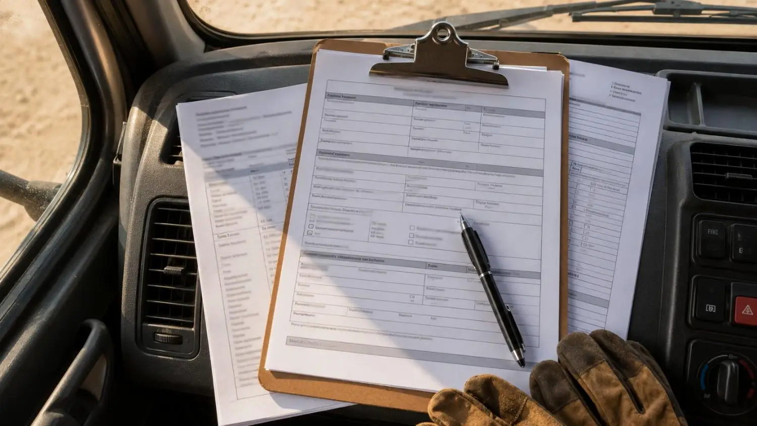 Close-up flat-lay of a biosolids hauling documentation package showing a waste manifest form a biosolids quality analysis report and a land application site record sheet representing the non-negotiable hauling documentation requirements that Modern Engineering Solutions builds into compliance programs for private WWTP operators in Texas