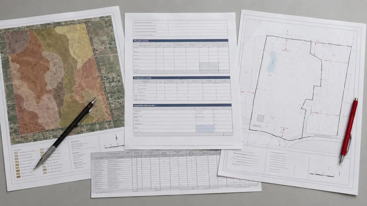 Flat-lay top-down shot of a Texas biosolids land application site authorization package showing a soil survey map an agronomic rate calculation worksheet a site boundary diagram with setback distances marked and a cumulative metals loading tracking table representing the Chapter 312 site authorization documentation that Modern Engineering Solutions prepares for private WWTP operators
