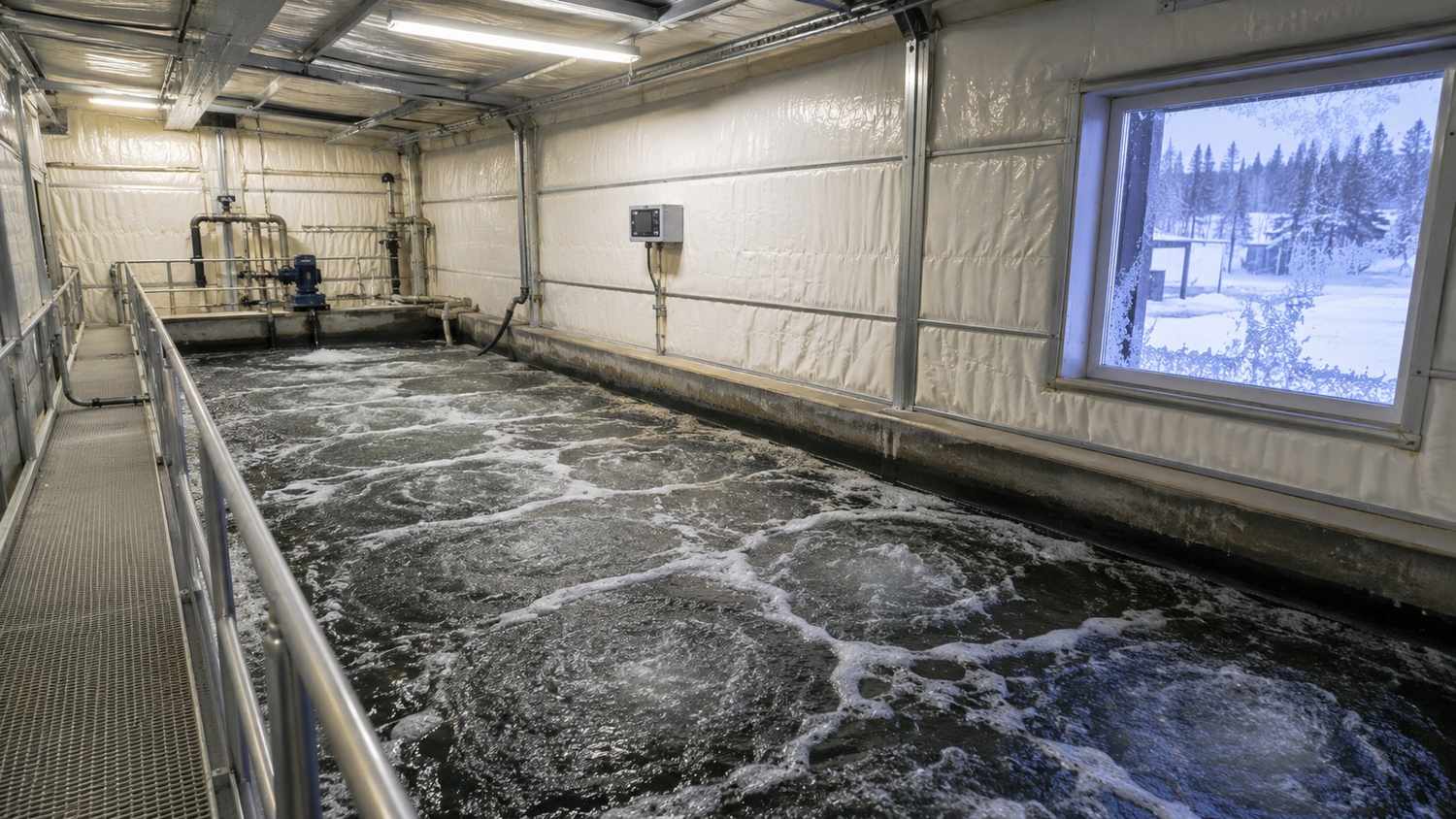 Interior shot of a Colorado mountain wastewater treatment plant biological process reactor during winter showing insulated aeration basin with temperature monitoring equipment representing the cold temperature nitrification design challenge that Modern Engineering Solutions addresses in Colorado mountain treatment system design.