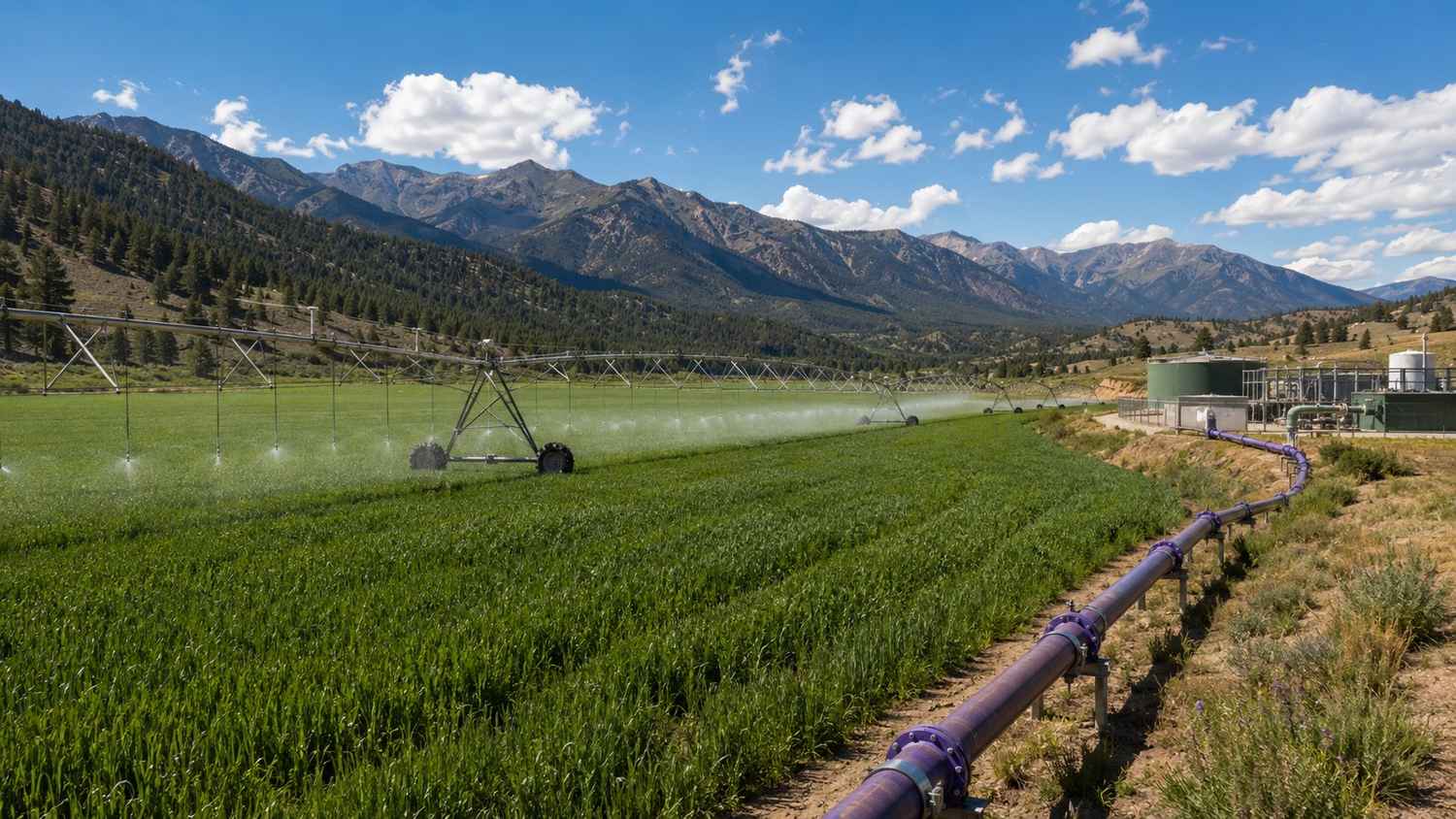 Colorado agricultural irrigation reuse system receiving reclaimed water from a treatment plant under a Plan of Reuse approved by CDPHE and designed by Modern Engineering Solutions.