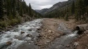 Wide shot of a Colorado mountain stream during spring snowmelt showing high flow conditions beside a wastewater treatment plant outfall representing the seasonal hydrologic variation that drives CDPHE permit limit calculations evaluated by Modern Engineering Solutions.