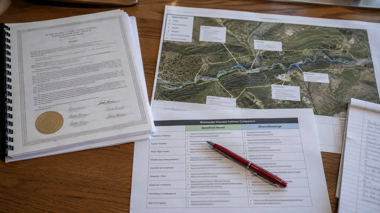 Colorado water rights attorney and engineer reviewing wastewater disposal pathway documents alongside a stream flow map representing the return flow analysis Modern Engineering Solutions coordinates for Colorado disposal decisions.