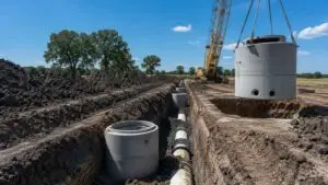 Offsite sewer extension trench and lift station construction in Dallas growth corridor, illustrating MES infrastructure planning.