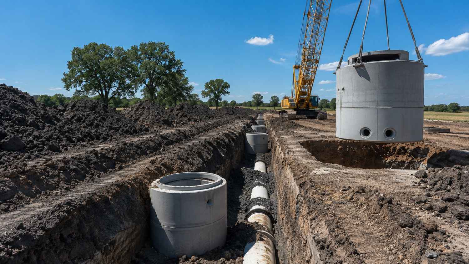 Offsite sewer extension trench and lift station construction in Dallas growth corridor, illustrating MES infrastructure planning.