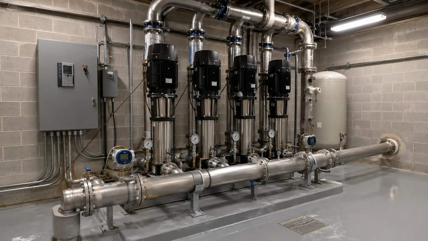 High rise booster pump station equipment in Dallas building mechanical room, representing MES pump system design.