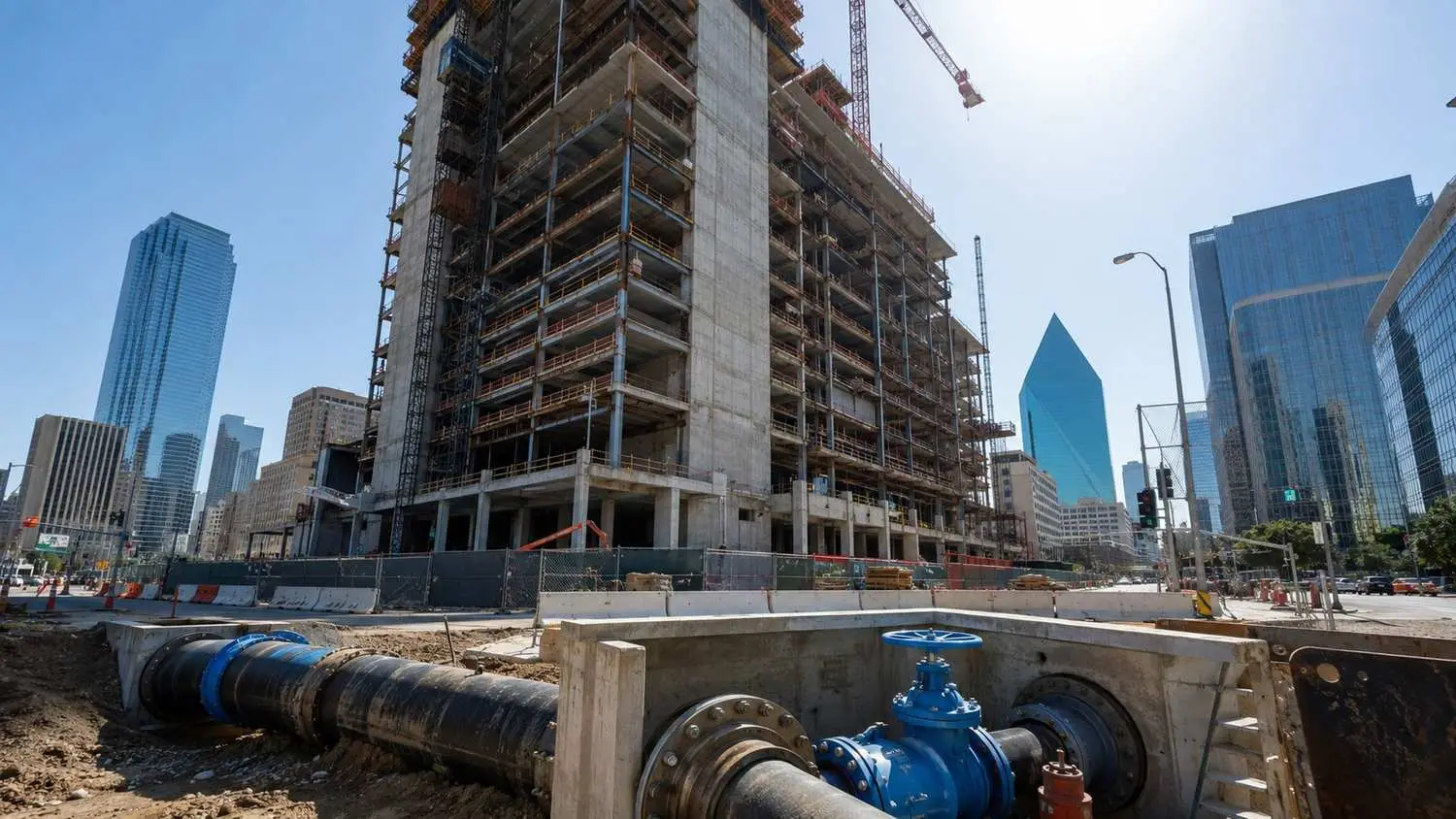 Dallas high rise tower under construction with water infrastructure, representing MES hydraulic modeling services.