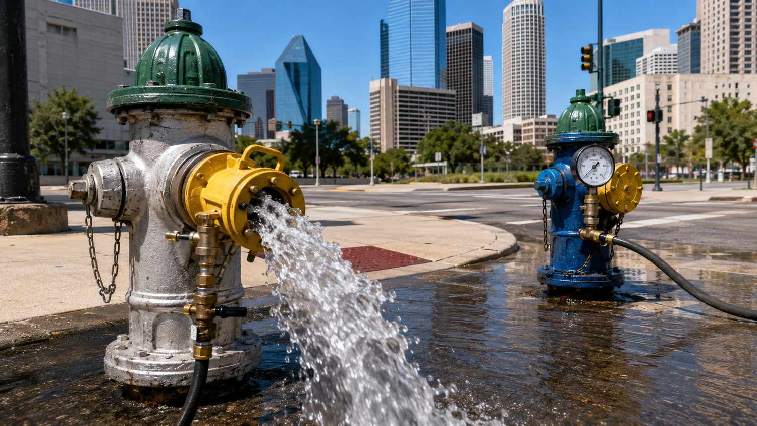 Hydrant flow test in progress at Dallas urban development site, representing MES site-specific pressure evaluation.
