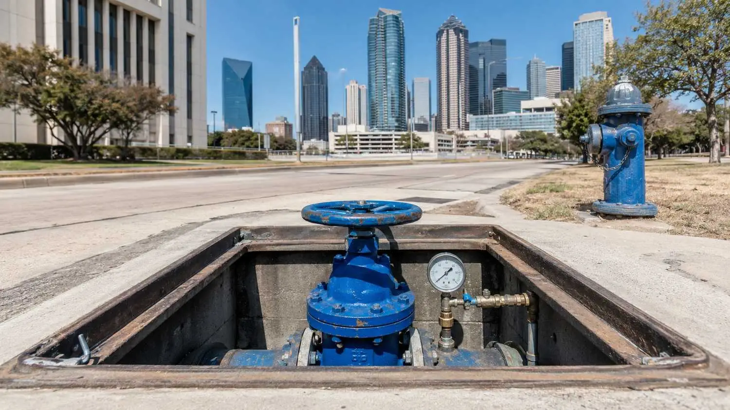 Municipal water distribution main and valve vault at Dallas urban development site, representing MES pressure analysis.