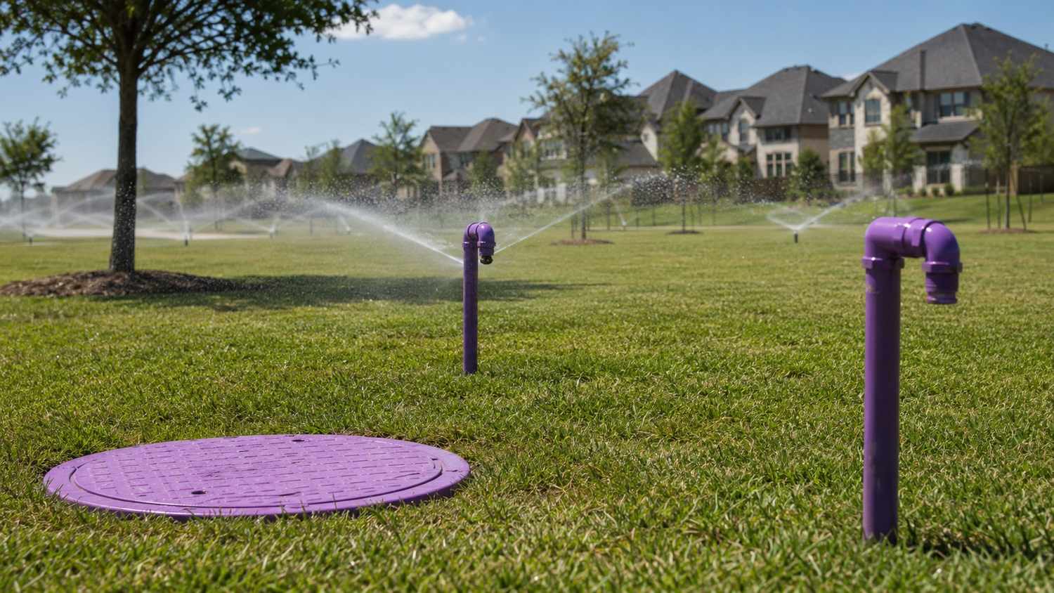 Purple reclaimed water irrigation system serving Texas subdivision common areas, representing MES reuse design.
