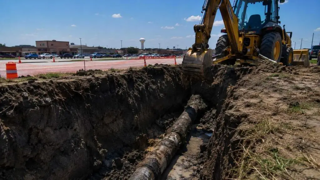 Aging water main excavation in Dallas growth corridor, representing MES utility due diligence services.