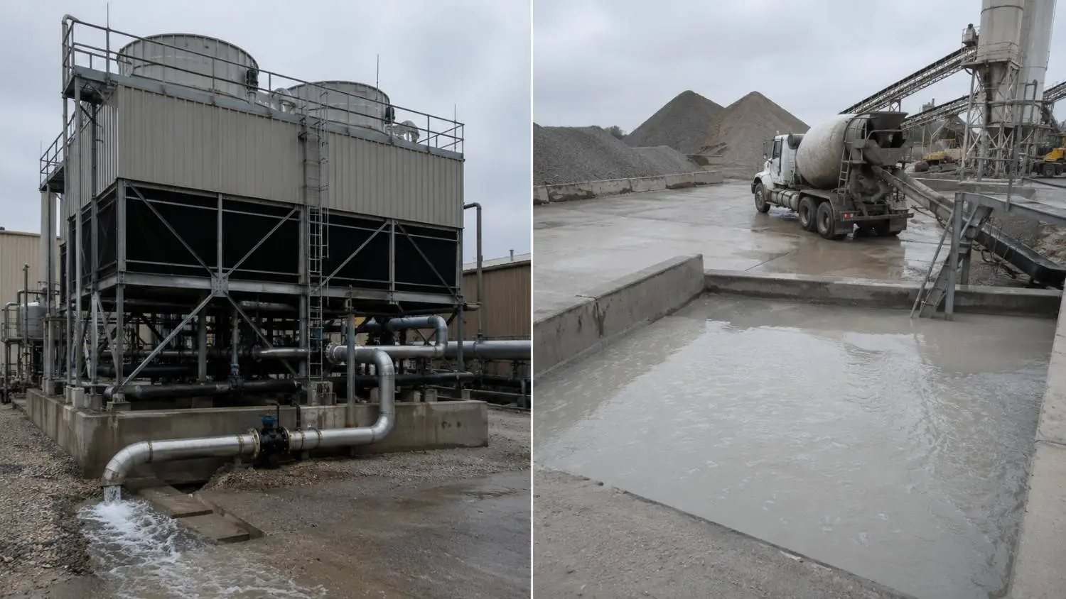 Side-by-side close-up of data center cooling tower blowdown discharge point and concrete batch plant washwater collection basin representing two common Texas industrial operations that generate non-domestic process wastewater requiring industrial TPDES permit evaluation rather than simple municipal sewer connection that Modern Engineering Solutions assesses for Texas commercial developers