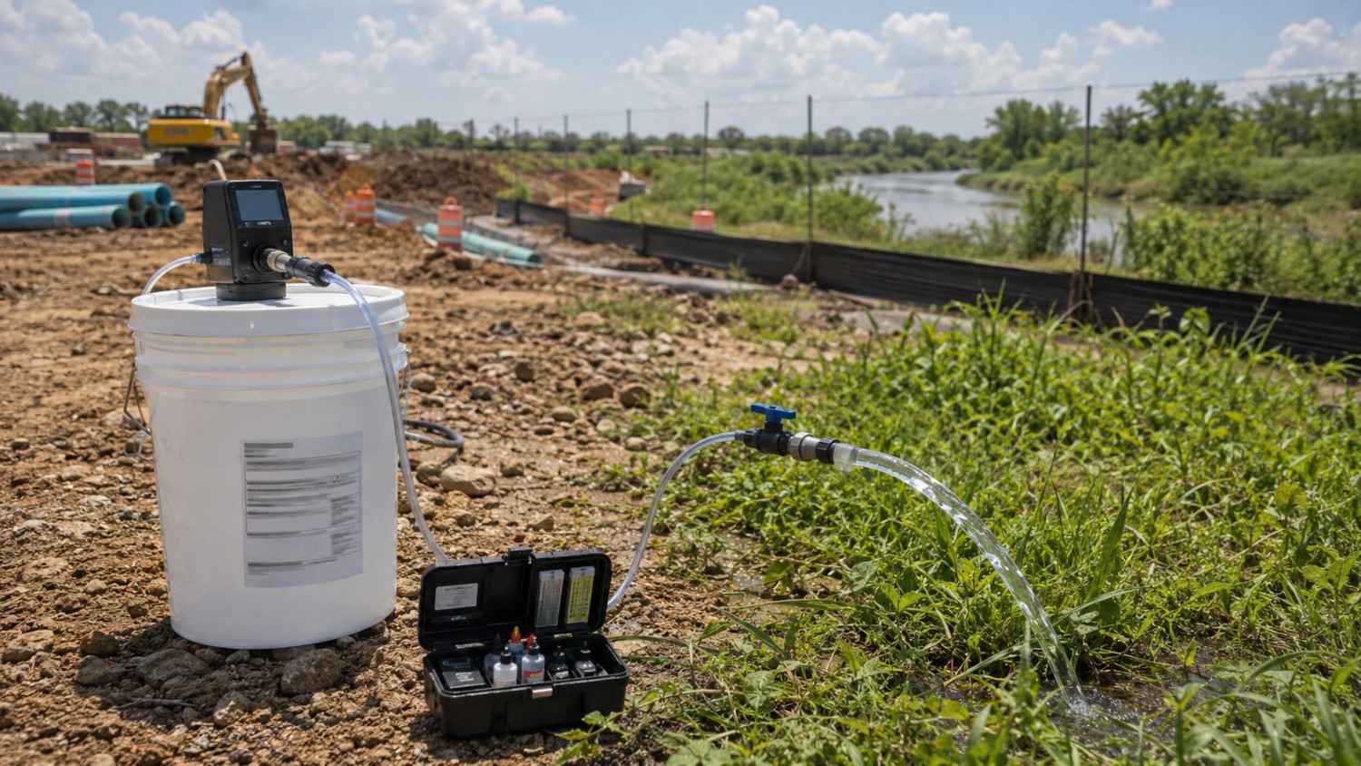 Field dechlorination setup at a Texas construction site showing sodium thiosulfate solution being added to hydrostatic test water through a chemical injection point before controlled discharge to a vegetated disposal area representing the standard dechlorination practice Modern Engineering Solutions specifies for test water discharge near surface water bodies