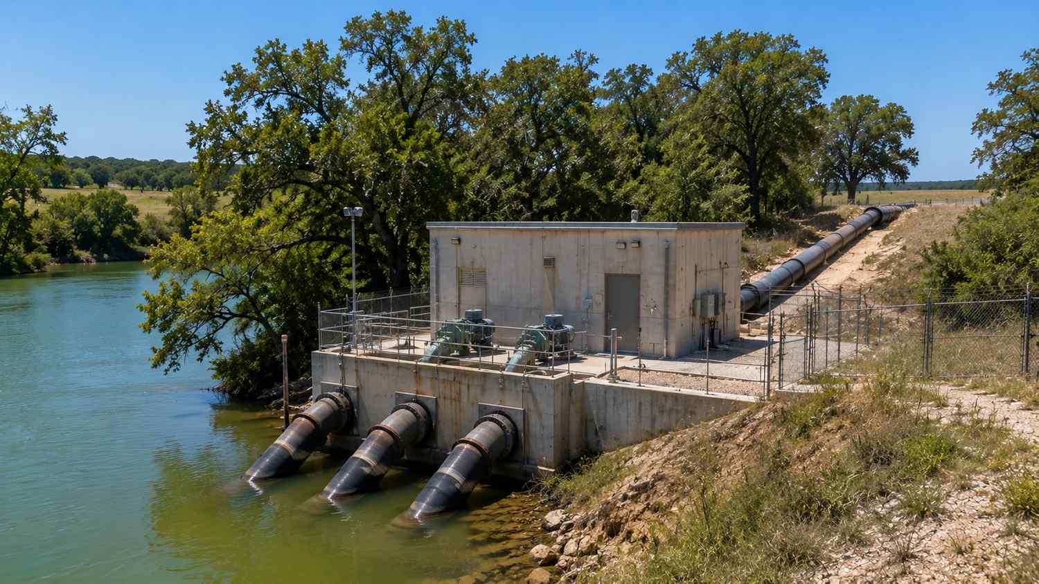 Raw water intake pump station on Colorado River east of Austin, representing MES LCRA raw water contract evaluation.