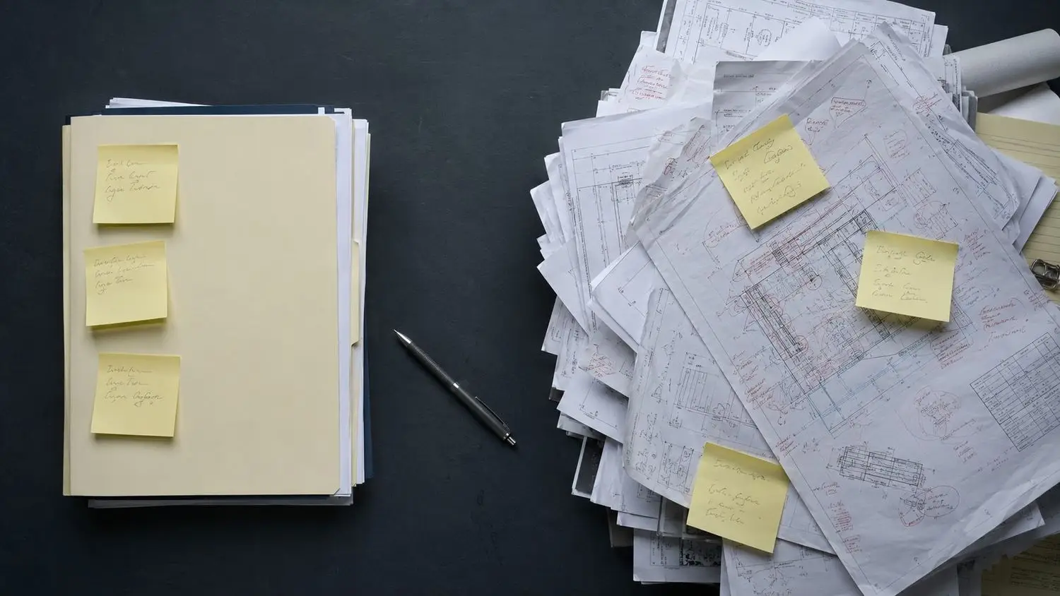 Overhead flat-lay showing a stack of proposal documents, client call notes, and new business folders sitting untouched beside a pile of deadline CAD drawings representing the work that never happened because the principal was finishing production tasks