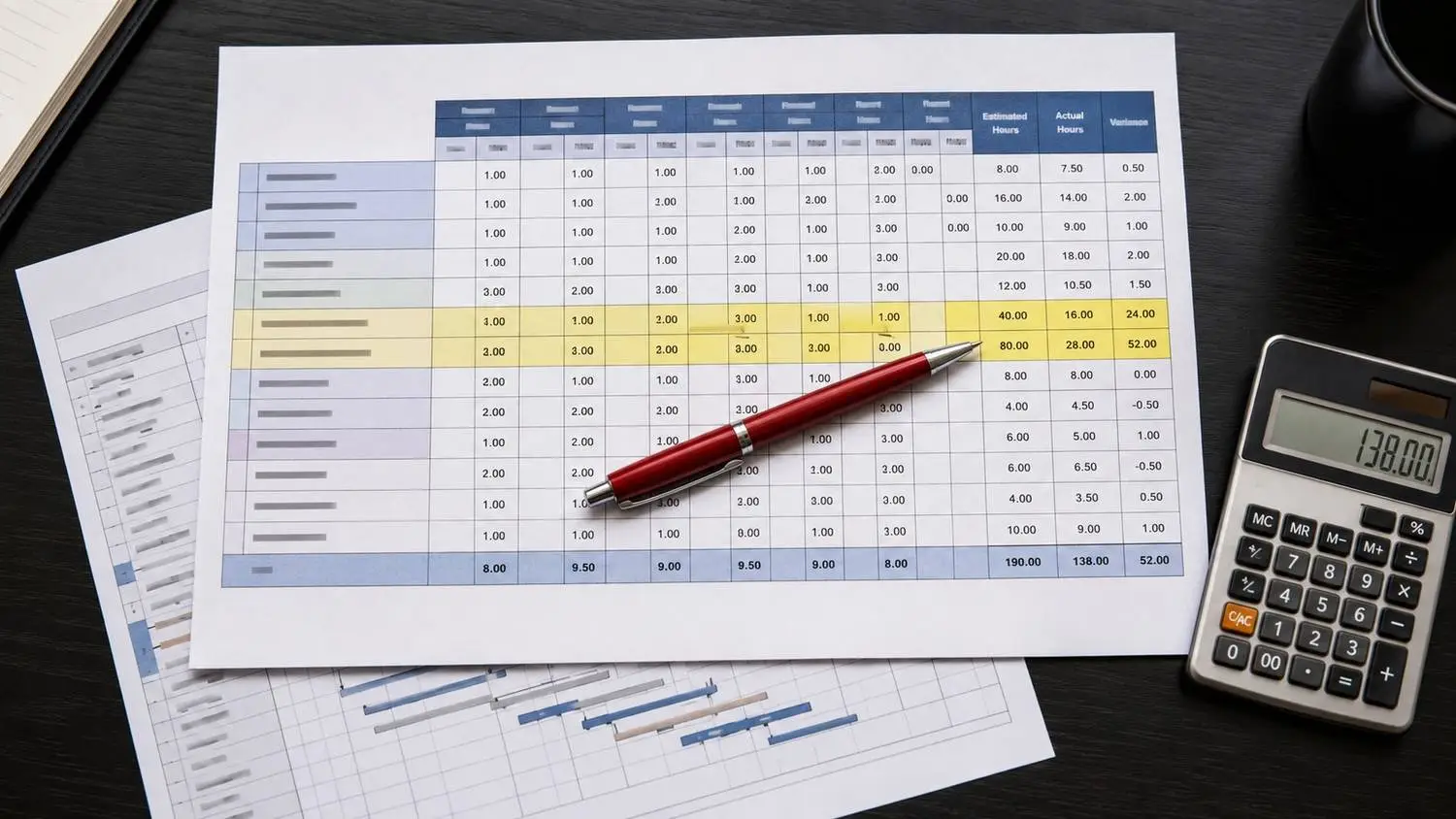 Flat-lay of a printed weekly timesheet with certain rows highlighted showing the gap between estimated and actual hours spent on CAD production tasks representing the invisible hours that accumulate in the margins of a senior engineer's week
