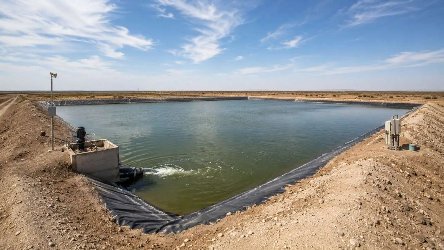Lined evaporation pond at a West Texas wastewater treatment facility showing the earthen berm construction, synthetic liner system, and concentrated effluent surface representing the TLAP evaporation pond disposal method used in arid regions with high evaporation rates
