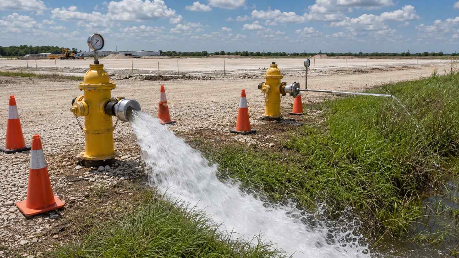 Ground-level shot of a hydrant flow test in progress at a Texas development site with gauges showing static and residual pressure evaluated by Modern Engineering Solutions.