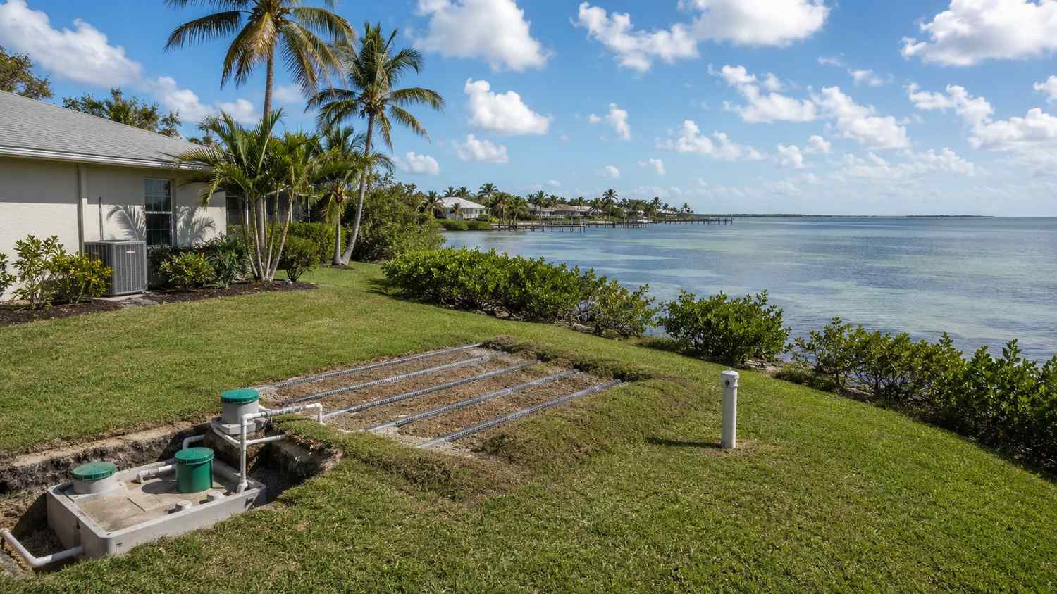Florida coastal neighborhood septic system drain field near a tidal bay showing direct nitrogen loading pathway to coastal waters addressed by Modern Engineering Solutions septic-to-sewer conversion programs.
