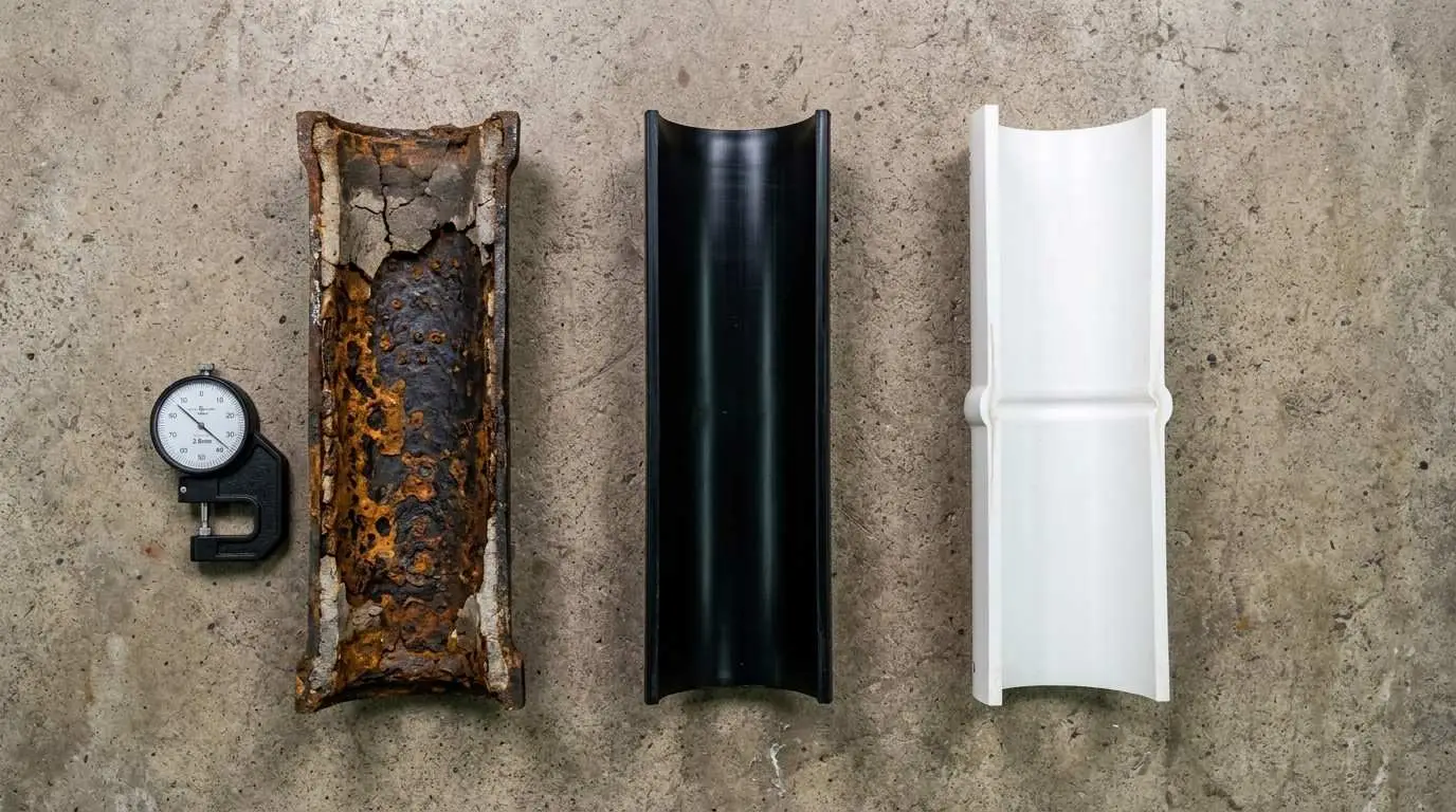 Side-by-side comparison of corroded ductile iron pipe section and new HDPE force main pipe showing the corrosion resistance difference evaluated by Modern Engineering Solutions for Florida coastal applications.