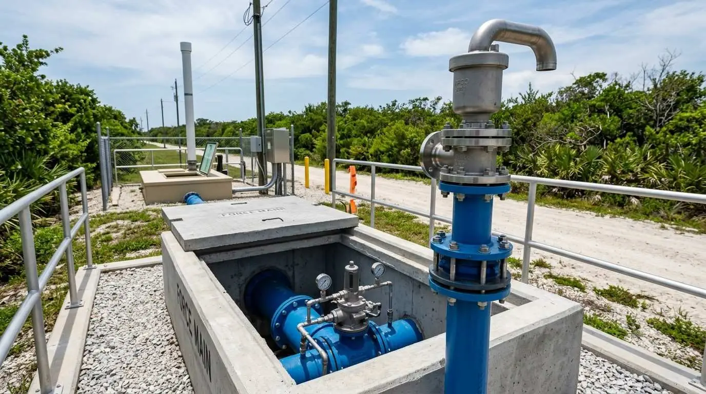 Florida force main air release valve vault and surge protection assembly at a coastal lift station showing corrosion resistant installation designed by Modern Engineering Solutions.