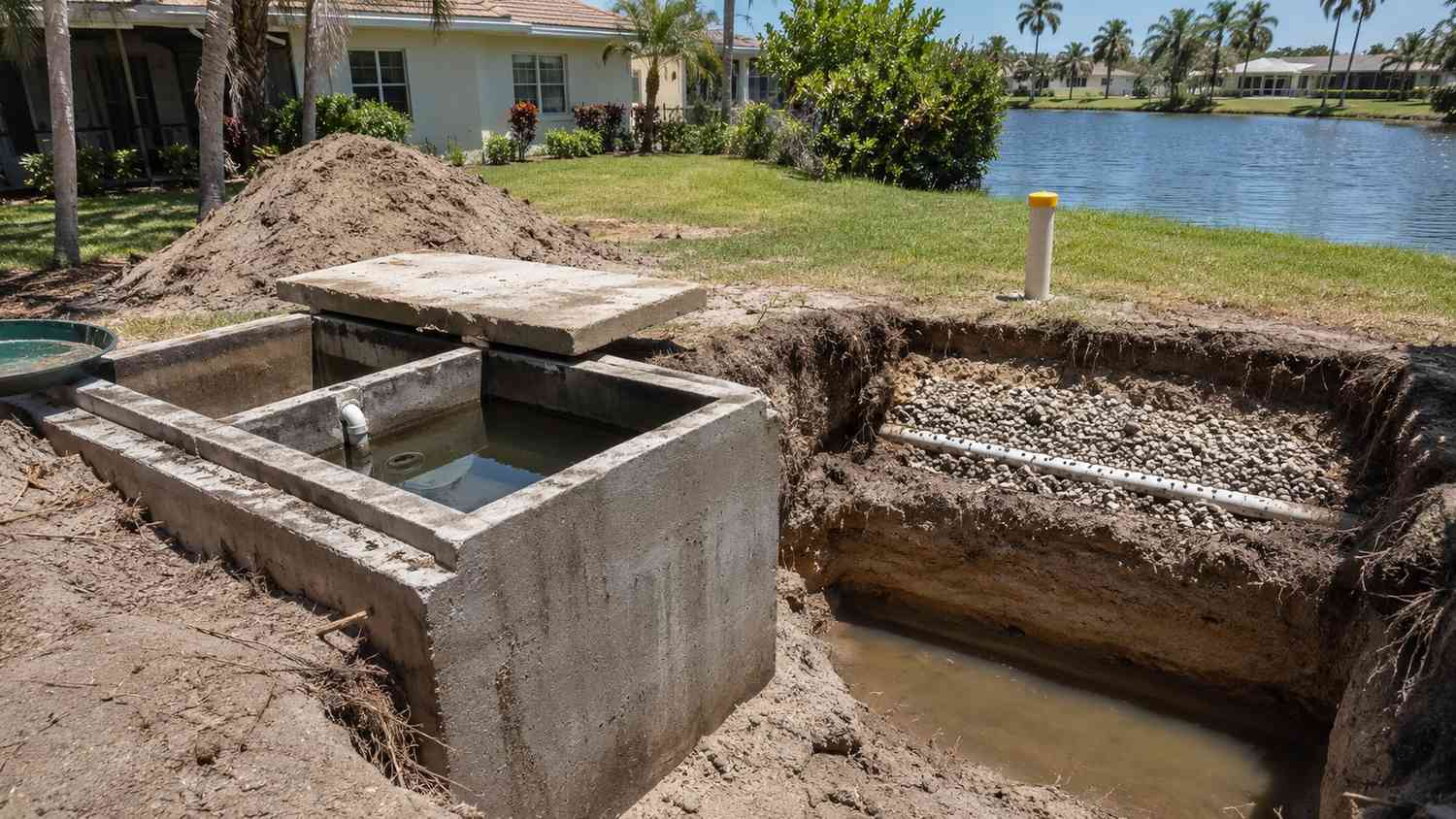 Cross-section of a Florida conventional septic system showing drain field nitrogen movement through sandy soil to groundwater near a water body evaluated by Modern Engineering Solutions.
