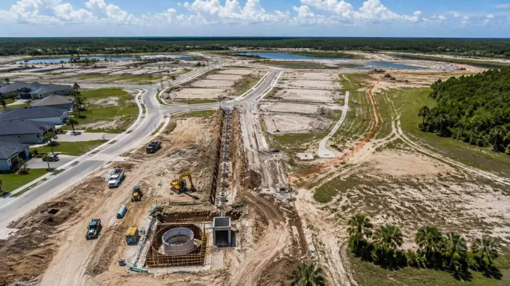 Aerial view of a Florida residential development with wastewater collection system and treatment facility under FDEP permitting evaluated by MES.