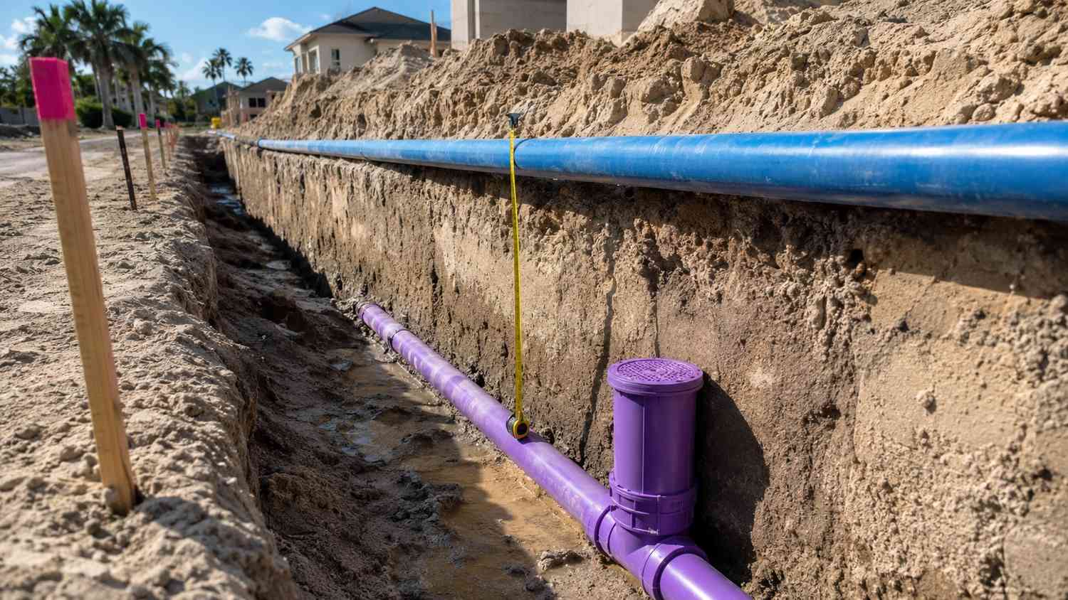 Florida dual water system installation showing purple reclaimed water pipe and blue potable water pipe with required separation distance in a utility trench evaluated by Modern Engineering Solutions.