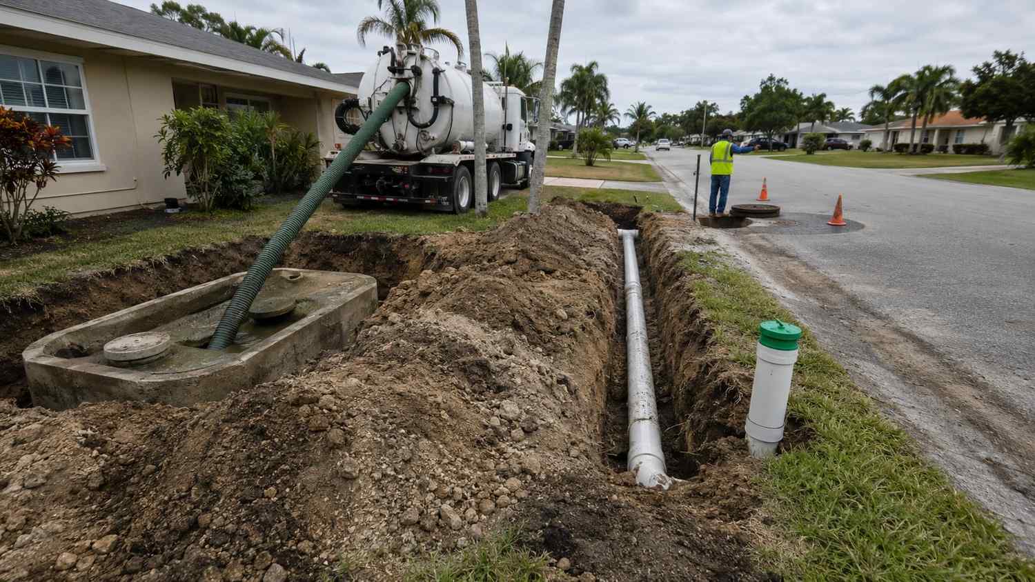 Florida septic-to-sewer conversion showing lateral connection installation and existing septic tank abandonment at a residential property coordinated by Modern Engineering Solutions.