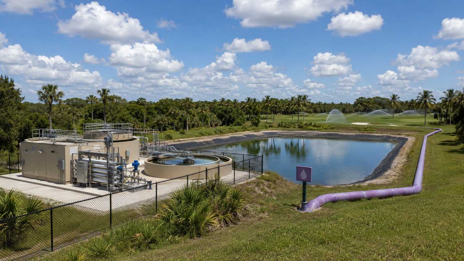 Florida private wastewater treatment plant with reuse system and reclaimed water distribution infrastructure permitted under FDEP Chapter 62-610 evaluated by MES.