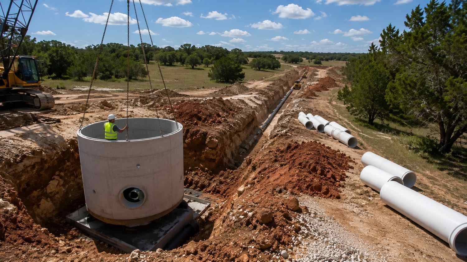 Lift station and force main installation for Fort Worth ETJ sewer extension, representing MES offsite infrastructure design.