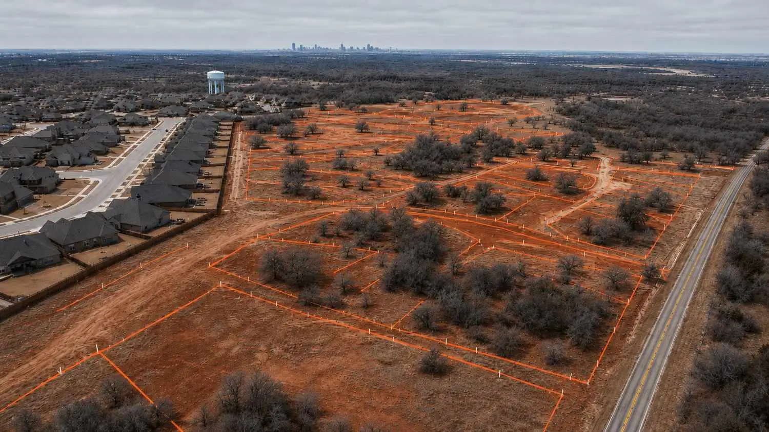 Aerial view of Fort Worth ETJ growth corridor development site, representing MES wastewater feasibility planning.