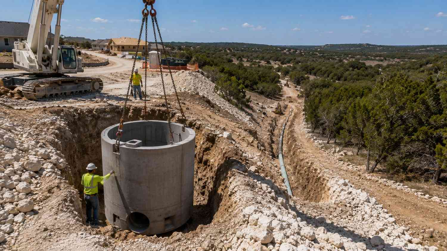 Lift station installation on Hays County varied terrain, representing MES collection system topographic feasibility services.
