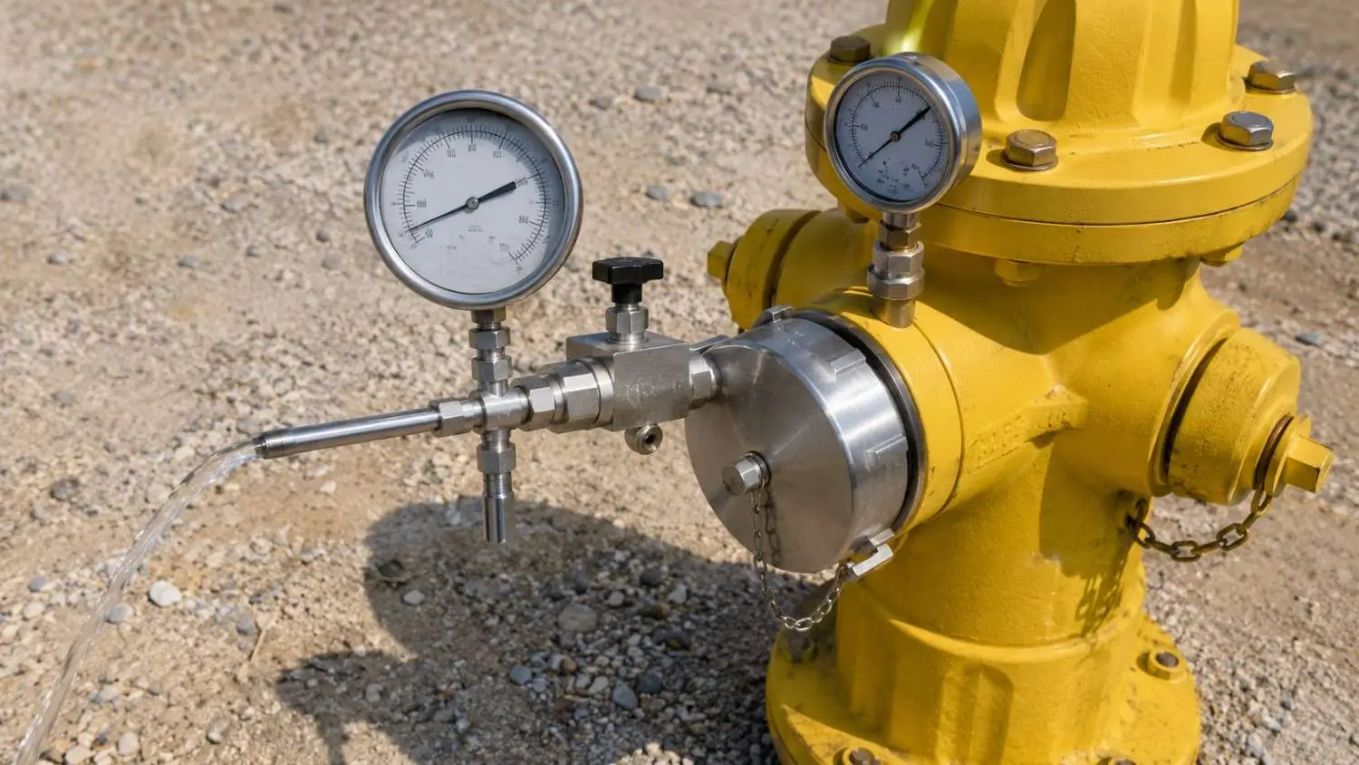 Close-up of a pitot gauge measuring flow at a fire hydrant during a hydrant flow test at a Texas water supply system site evaluated by Modern Engineering Solutions.
