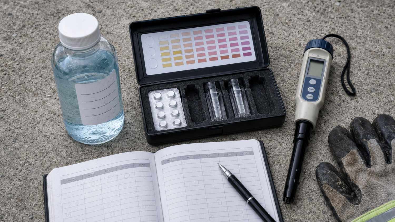 Close-up flat-lay of hydrostatic test water sampling equipment showing a clear water sample bottle collected from a newly tested Texas water main with a chlorine test kit measuring residual chlorine concentration before discharge representing the water quality characterization Modern Engineering Solutions recommends before any test water discharge