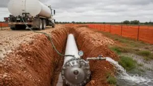 Ground-level wide shot of a Texas water main hydrostatic pressure test in progress showing a pressurized pipeline test section with pressure gauges visible at the end cap connections and test water flowing into a designated disposal area representing the discharge planning that Modern Engineering Solutions builds into Texas construction project specifications