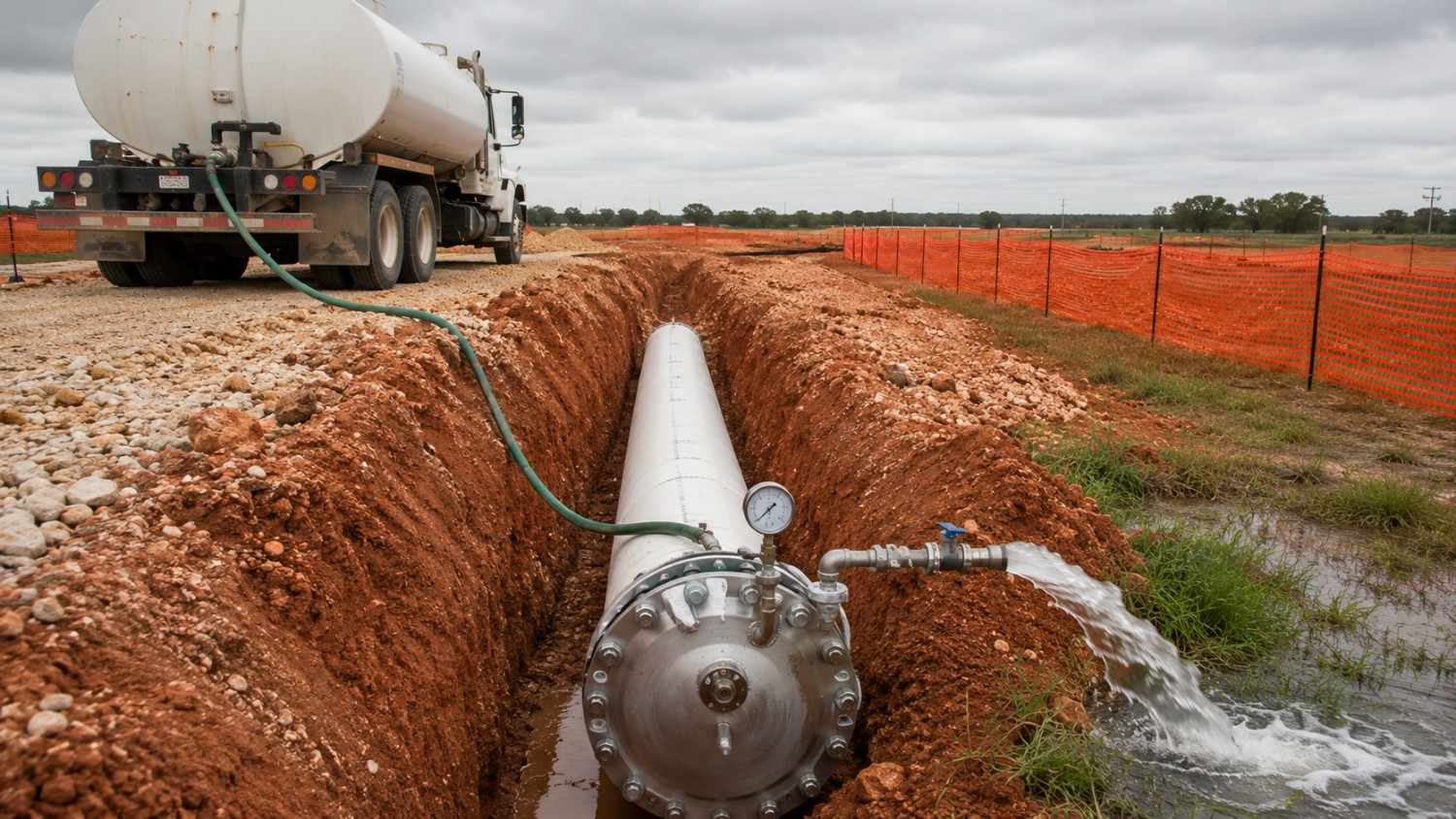 Ground-level wide shot of a Texas water main hydrostatic pressure test in progress showing a pressurized pipeline test section with pressure gauges visible at the end cap connections and test water flowing into a designated disposal area representing the discharge planning that Modern Engineering Solutions builds into Texas construction project specifications