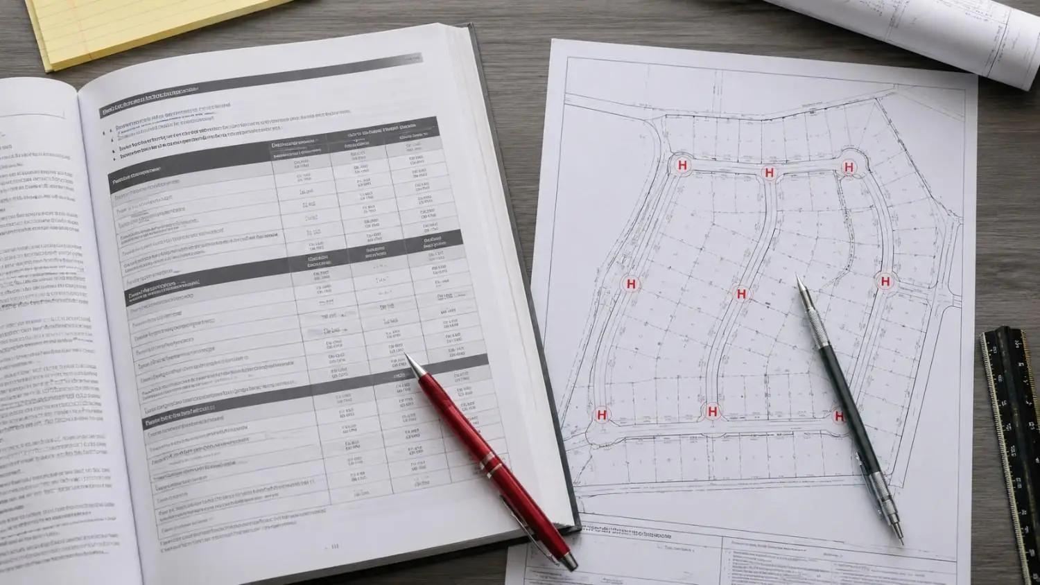 Flat-lay of IFC Appendix B fire flow requirement tables beside a Texas site plan showing occupancy classifications and required GPM thresholds reviewed by Modern Engineering Solutions.